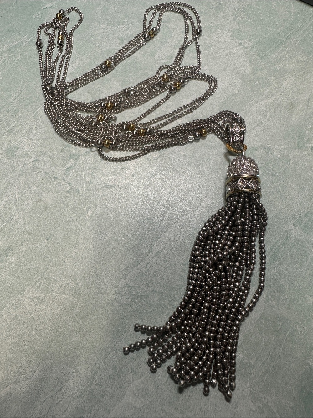 DSMK Stainless Steel Long Silver Tassel Necklace Multi-strand - Picture 2 of 6